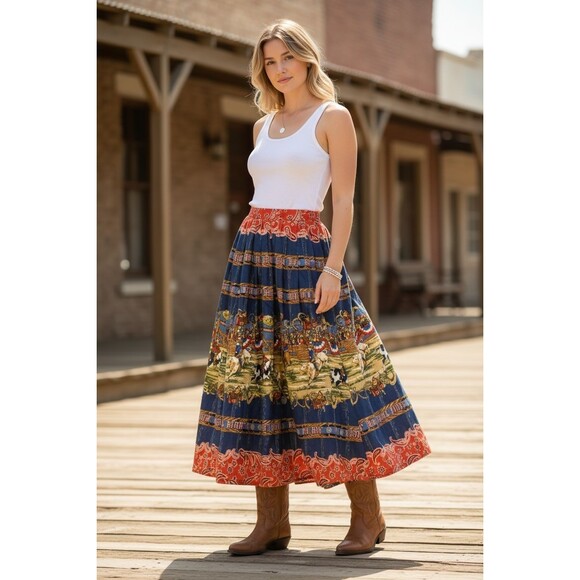 VTG Sharon Young Size 7 Maxi Skirt Paisley Western Rodeo Scene Tapestry - Picture 1 of 12